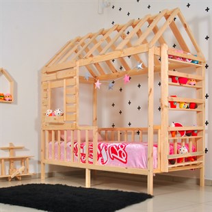 Montessori Yatak Çatılı Doğal Çam Menekşe | MarkaawmMontessori Karyola Raf Çatılı Menekşe